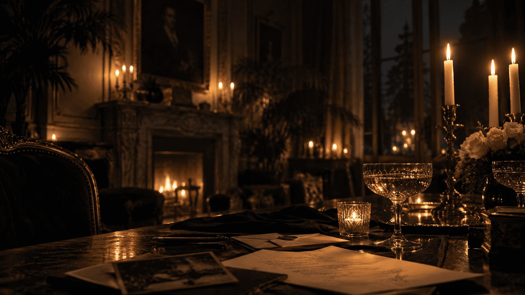 Candlelit period salon with champagne glasses and an empty chair