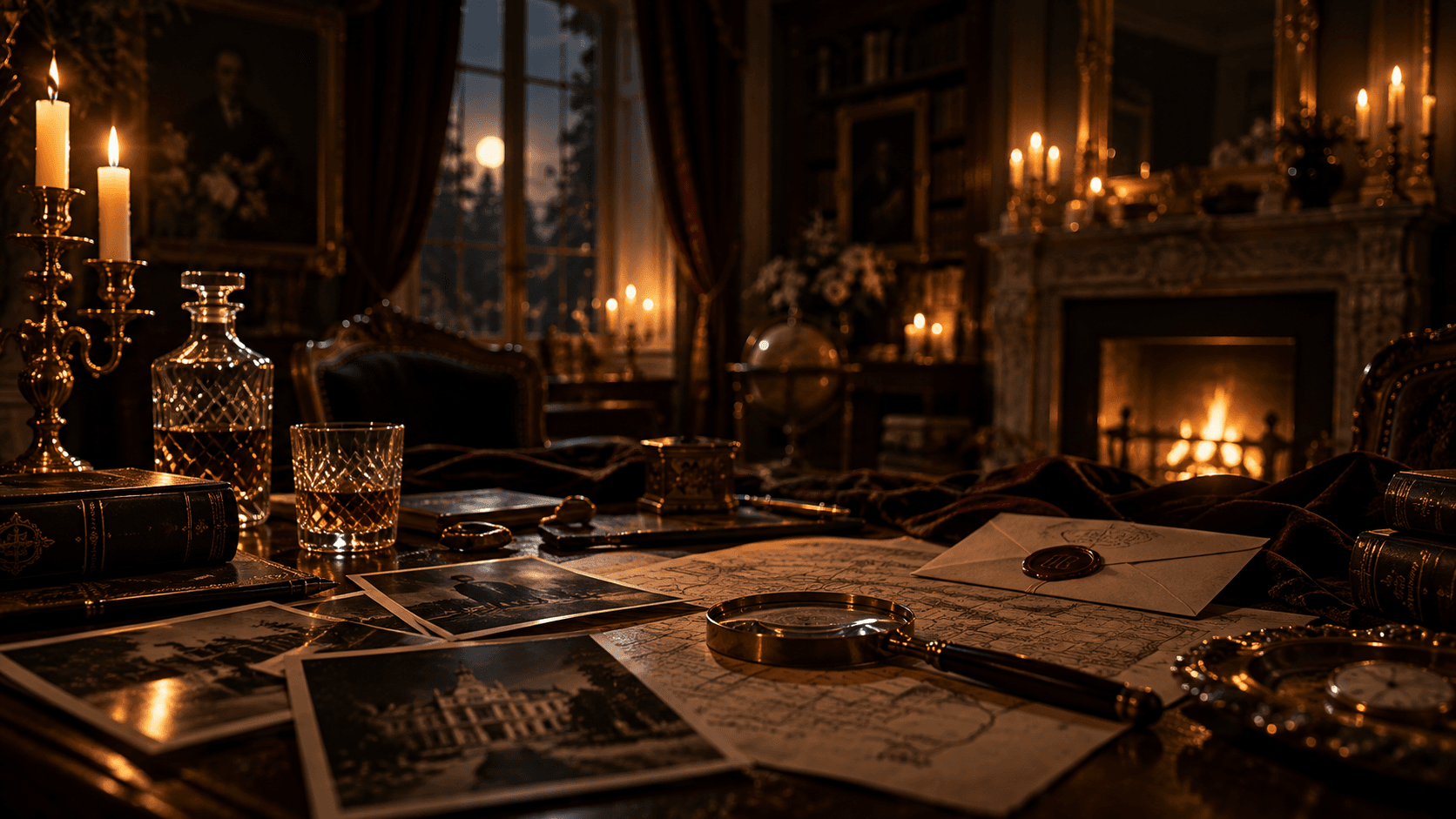 Moonlit investigation desk with dossiers, a revolver, and a candelabra